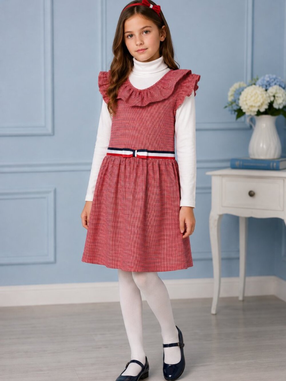 Janie and Jack Dress / Girl 10 Exc Cond / Jacquard Houndstooth Red WH BL